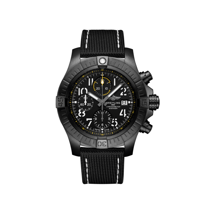 Avenger Chronograph 45 Night Mission, DLC-coated titanium - Black
Bold, extremely robust and shock resistant, the Avenger Chronograph 45 combines precision with a powerful design. As a true Breitling Avenger, it can be used wearing gloves and offers unrivalled safety and reliability to any airborne adventurer.