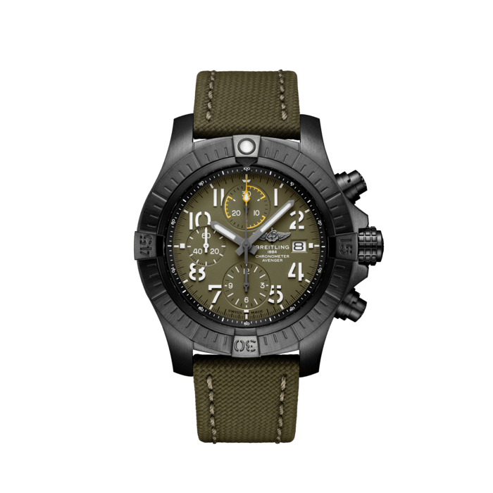 Avenger Chronograph 45 Night Mission, DLC-coated titanium - Green
Bold, extremely robust and shock resistant, the Avenger Chronograph 45 Night Mission combines precision with a powerful design in a lightweight case. As a true Breitling Avenger, it can be used wearing gloves and offers unrivalled safety and reliability to any airborne adventurer.