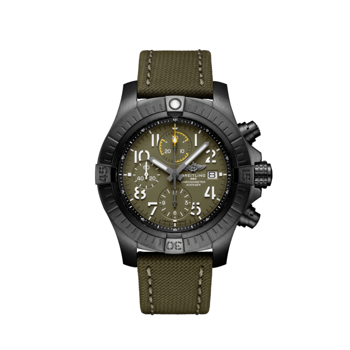 Avenger Chronograph 45 Night Mission, Titanio revestido con DLC - Verde
Audaz, extremadamente robusto y resistente a choques, el Avenger Chronograph 45 Night Mission aúna en su caja ligera precisión y un diseño muy vigoroso. Tratándose de un Avenger de Breitling, puede usarse con guantes y garantiza seguridad y fiabilidad sin igual a los aventureros de las alturas.