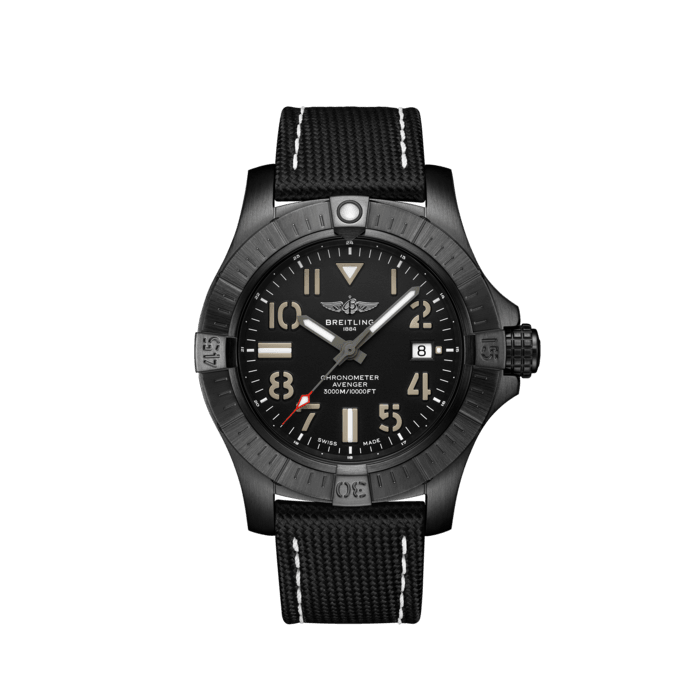 Avenger Automatic 45 Seawolf Night Mission, DLC-coated titanium - Black
Bold, extremely robust and shock resistant, the Avenger Automatic 45 Seawolf is a lightweight pilots’ watch prepared for adventures well below the ocean’s surface (up to 300 bars - 3.000m). As a true Breitling Avenger, it can be used wearing gloves and offers unrivalled safety and reliability to any airborne adventurer.