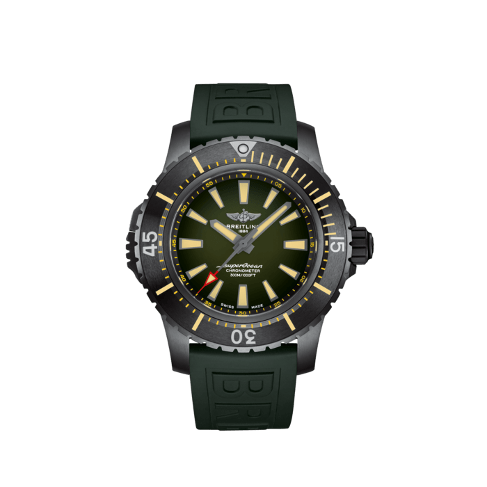 Superocean Automatic 48, DLC-coated titanium - Green
Big, bold and bulky, the Superocean Automatic 48 has been especially designed to meet daring diver’s needs. Thanks to a special lock, securing the ceramic bezel and a special titanium and soft-iron case, it will enable you to explore the oceans safely.