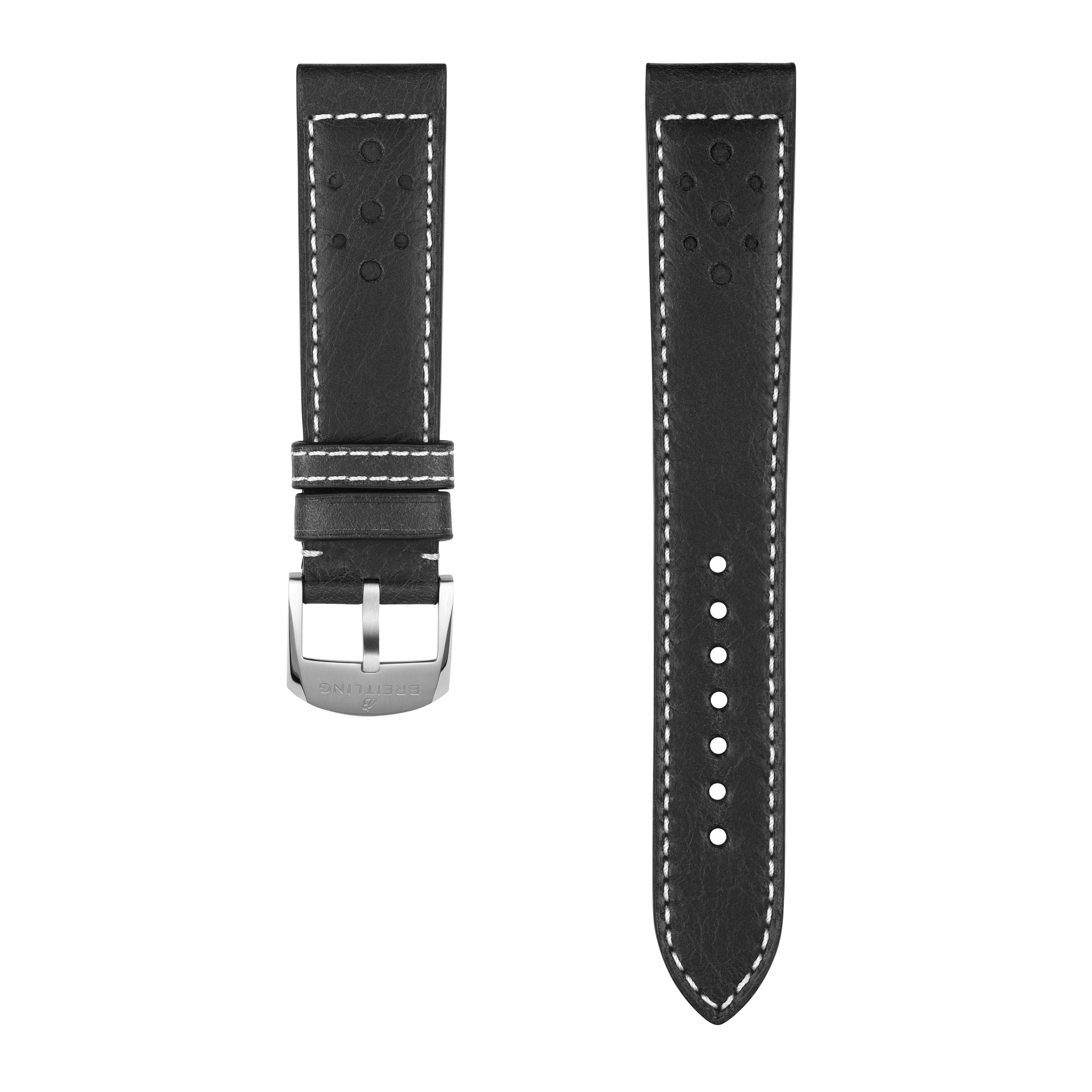 Black racing-themed calfskin leather strap - 20 mm