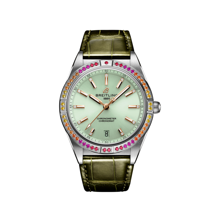 Chronomat Automatic 36 South Sea, Stainless steel (gem-set) - Mint green
With eye-catching colors and luminescence, the Chronomat South Sea Capsule Collection evokes the intoxicating vibes of summer, marine life and lush greenery.