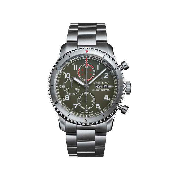Aviator 8 Chronograph 43 Curtiss Warhawk, Stainless steel - Green
The Aviator 8 Chronograph 43 Curtiss Warhawk features a military green dial with a matte finish and tone-on-tone subdials.