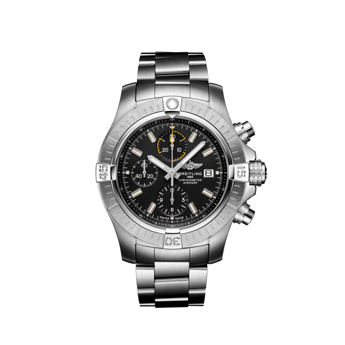 Avenger Chronograph 45, Stainless steel - Black
Bold, extremely robust and shock resistant, the Avenger Chronograph 45 combines precision with a powerful design. As a true Breitling Avenger, it can be used wearing gloves and offers unrivalled safety and reliability to any airborne adventurer.