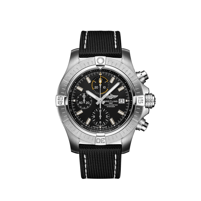 Avenger Chronograph 45, Stainless steel - Black
Bold, extremely robust and shock resistant, the Avenger Chronograph 45 combines precision with a powerful design. As a true Breitling Avenger, it can be used wearing gloves and offers unrivalled safety and reliability to any airborne adventurer.