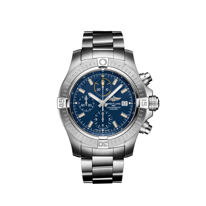 Avenger Chronograph 45, Stainless steel - Blue
Bold, extremely robust and shock resistant, the Avenger Chronograph 45 combines precision with a powerful design. As a true Breitling Avenger, it can be used wearing gloves and offers unrivalled safety and reliability to any airborne adventurer.