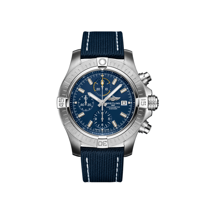 Avenger Chronograph 45, Stainless steel - Blue
Bold, extremely robust and shock resistant, the Avenger Chronograph 45 combines precision with a powerful design. As a true Breitling Avenger, it can be used wearing gloves and offers unrivalled safety and reliability to any airborne adventurer.