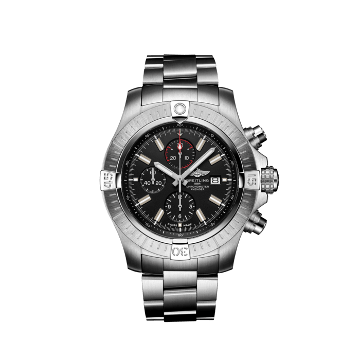 Super Avenger Chronograph 48, Acier inoxydable - Noir
Imposante, extrêmement robuste et résistante aux chocs, la Super Avenger Chronograph 48 affirme sa présence avec audace. Cette véritable Breitling Avenger peut être utilisée avec des gants et offre une sécurité et une fiabilité inégalées pour tout aventurier des airs.