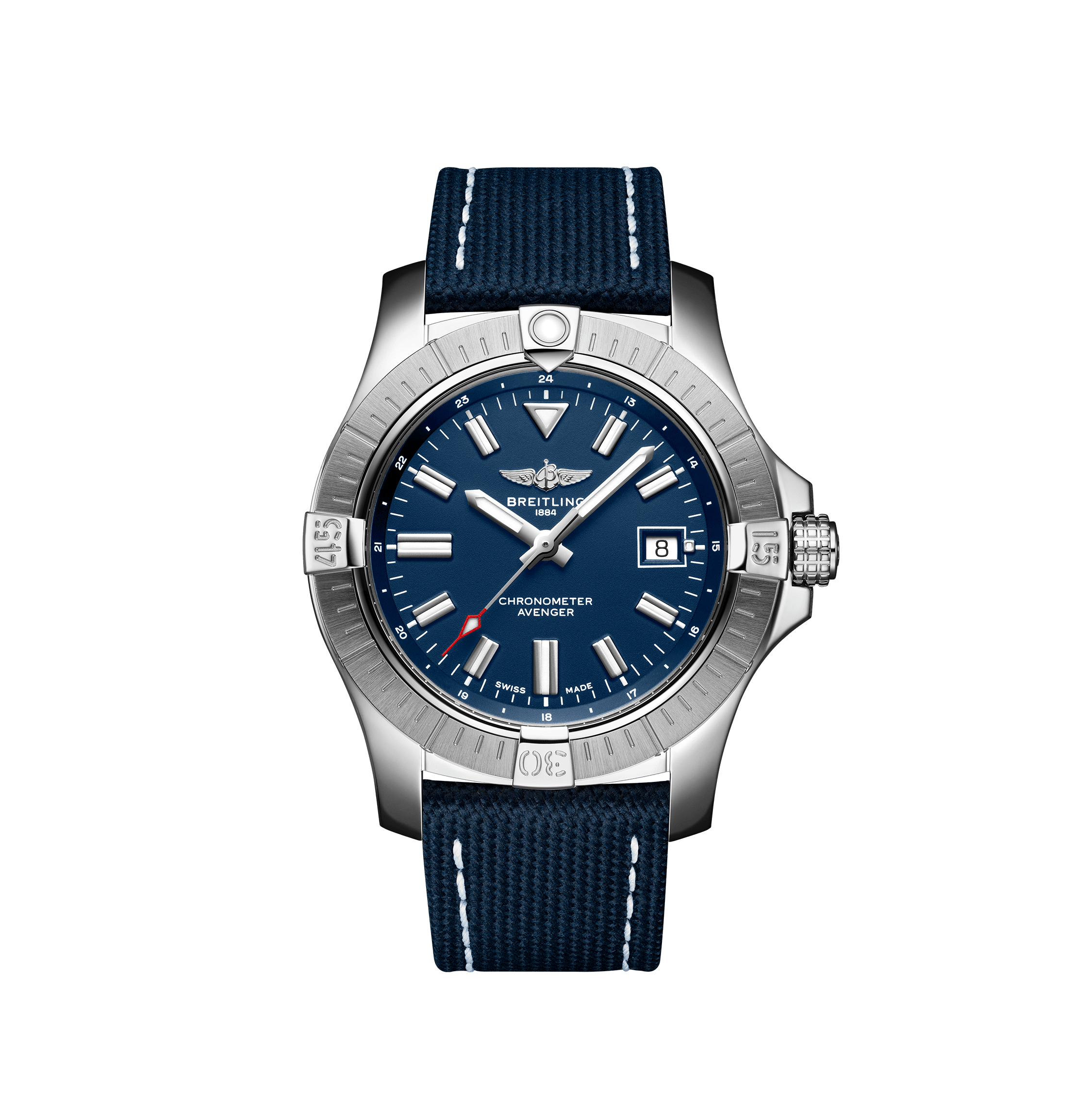 Avenger Automatic 43, Stainless steel - Blue
Bold, extremely robust and shock resistant, the Avenger Automatic 43 features a clean dial offering optimal legibility. As a true Breitling Avenger, it can be used wearing gloves and offers unrivalled safety and reliability to any airborne adventurer.