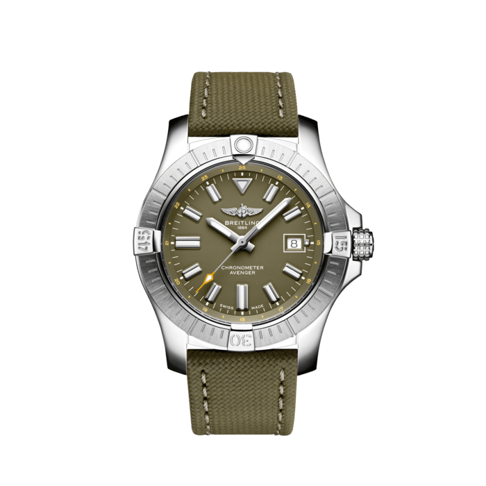 Avenger Automatic 43, Edelstahl - Grün
Die Avenger Automatic 43 ist markant, extrem robust und stossfest und verfügt über ein übersichtliches Zifferblatt, das optimale Ablesbarkeit bietet. Als echte Breitling Avenger kann sie auch mit Handschuhen bedient werden und bietet jedem Abenteurer in der Luft unübertroffene Sicherheit und Zuverlässigkeit.