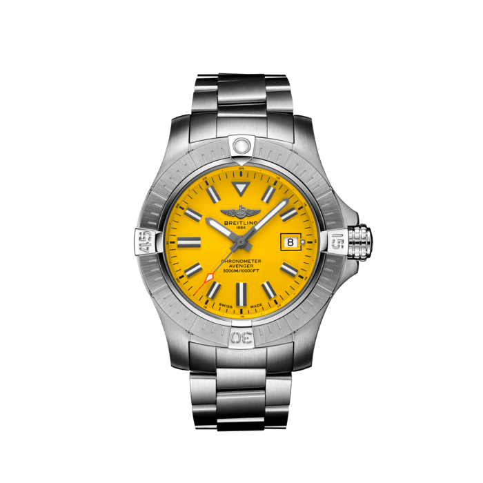 Avenger Automatic 45 Seawolf, Stainless steel - Yellow
Bold, extremely robust and shock resistant, the Avenger Automatic 45 Seawolf is a pilots’ watch prepared for adventures well below the ocean’s surface (up to 300 bars - 3.000m). As a true Breitling Avenger, it can be used wearing gloves and offers unrivalled safety and reliability to any airborne adventurer.