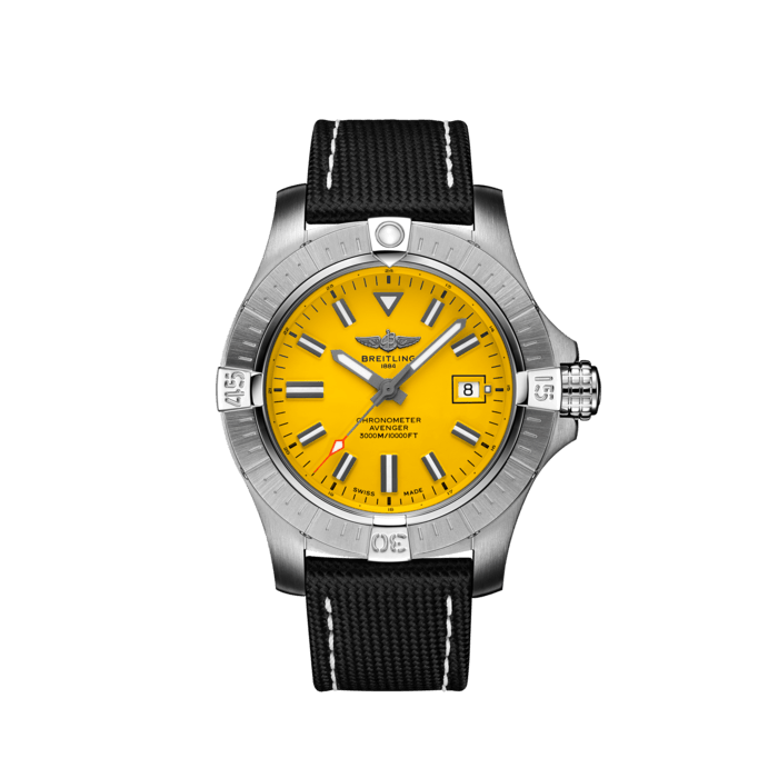 Avenger Automatic 45 Seawolf, Stainless steel - Yellow
Bold, extremely robust and shock resistant, the Avenger Automatic 45 Seawolf is a pilots’ watch prepared for adventures well below the ocean’s surface (up to 300 bars - 3.000m). As a true Breitling Avenger, it can be used wearing gloves and offers unrivalled safety and reliability to any airborne adventurer.