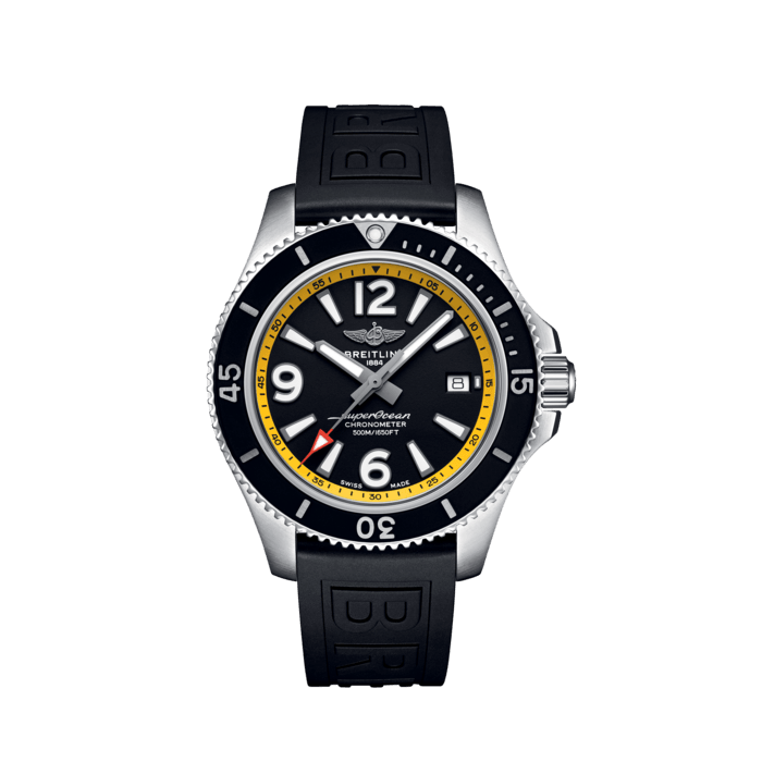 Superocean Automatic 42, Stainless steel - Black
Sporty, fresh and colorful, this special Superocean Automatic 42 features a black dial with a striking yellow minute scale. Combining performance with contemporary style to fit every wrist, it is up to any challenge: dive with it, surf with it or swim with it!