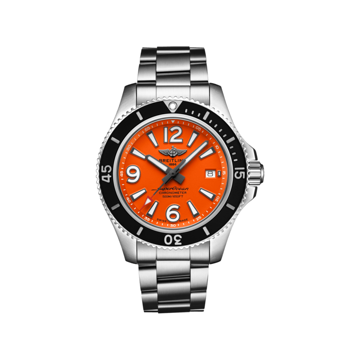 Superocean Automatic 42, Edelstahl - Orange
Sportlich, frisch und farbenfroh, kombiniert die Superocean Automatic 42 Leistung mit zeitgemässem Stil und passt so an jedes Handgelenk. Sie ist jeder Herausforderung gewachsen: Tragen Sie sie zum Tauchen, Surfen und Schwimmen!