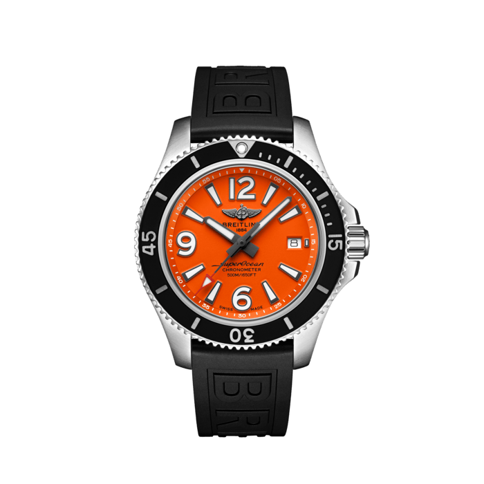 Superocean Automatic 42, Stainless steel - Orange
Sporty, fresh and colorful, the Superocean Automatic 42 combines performance with contemporary style to fit every wrist. It is up to any challenge: dive with it, surf with it or swim with it!