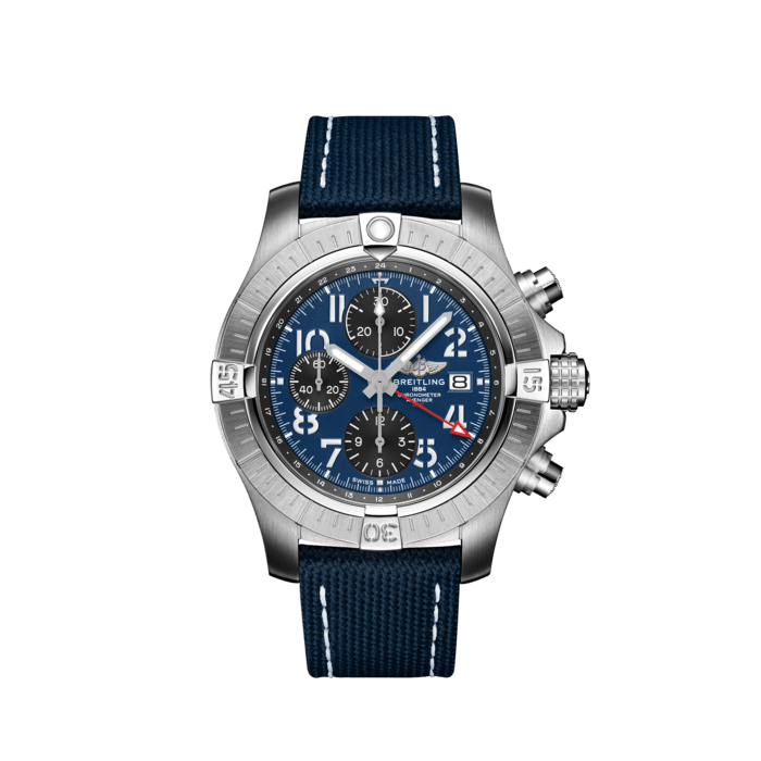 Avenger Chronograph GMT 45, Stainless steel - Blue
Bold, extremely robust and shock resistant, the Avenger Chronograph 45 combines precision with a powerful design. As a true Breitling Avenger, it can be used wearing gloves and offers unrivalled safety and reliability to any airborne adventurer.