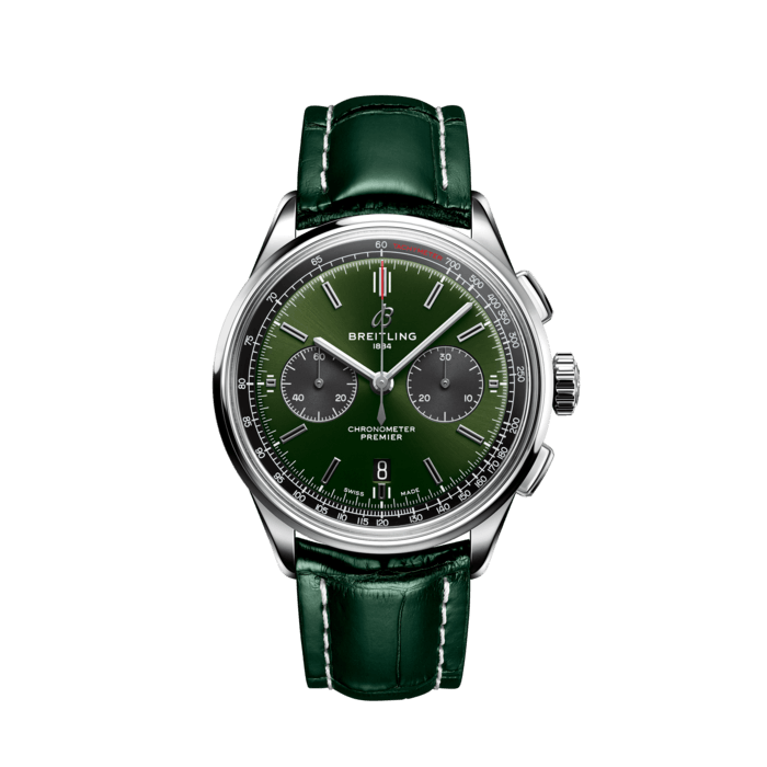 Premier B01 Chronograph 42, Stainless steel - Green
Designed by Willy Breitling in the 1940s, the Premier was the brand’s first-ever watch dedicated purely to style. Featuring elegant details and modern-retro touches, this reinterpretation of the Premier upholds its ancestor’s reputation as “a watch of impeccable taste.”