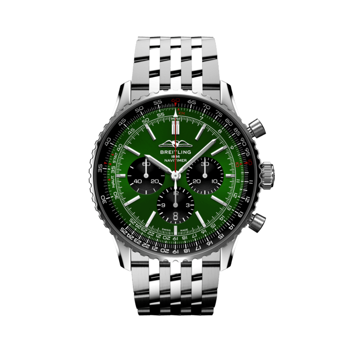 Navitimer B01 Chronograph 46, Acero inoxidable - Verde
El icónico cronógrafo para pilotos de Breitling: para la travesía.