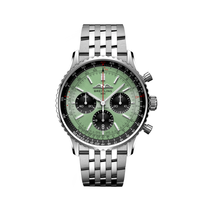 Navitimer B01 Chronograph 43, Acciaio inossidabile - Verde menta
Iconico cronografo da pilota di Breitling: eccellente compagno di viaggio.