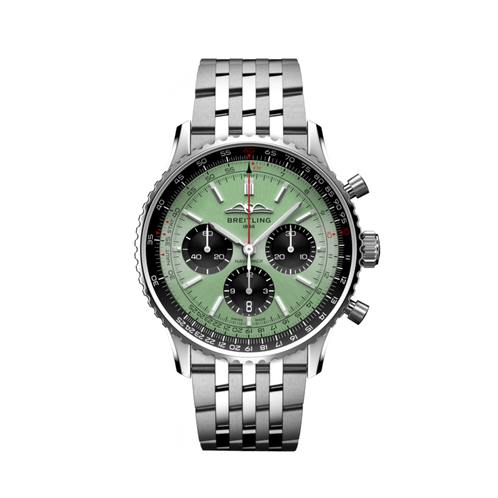 Navitimer B01 Chronograph 43, Acero inoxidable - Verde menta
El icónico cronógrafo para pilotos de Breitling: para la travesía.