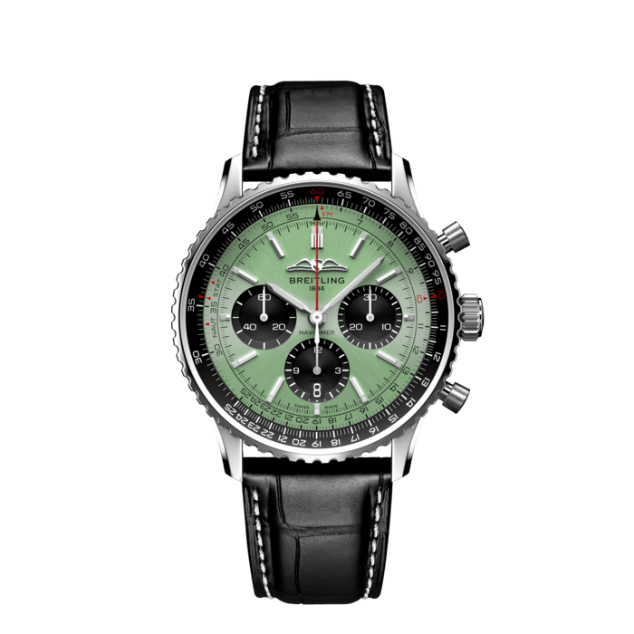 Navitimer B01 Chronograph 43, Acero inoxidable - Verde menta
El icónico cronógrafo para pilotos de Breitling: para la travesía.
