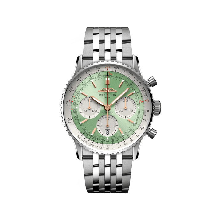 Navitimer B01 Chronograph 41, Acier inoxydable - Vert menthe
Le chronographe emblématique de Breitling destiné aux pilotes : pour voyager.