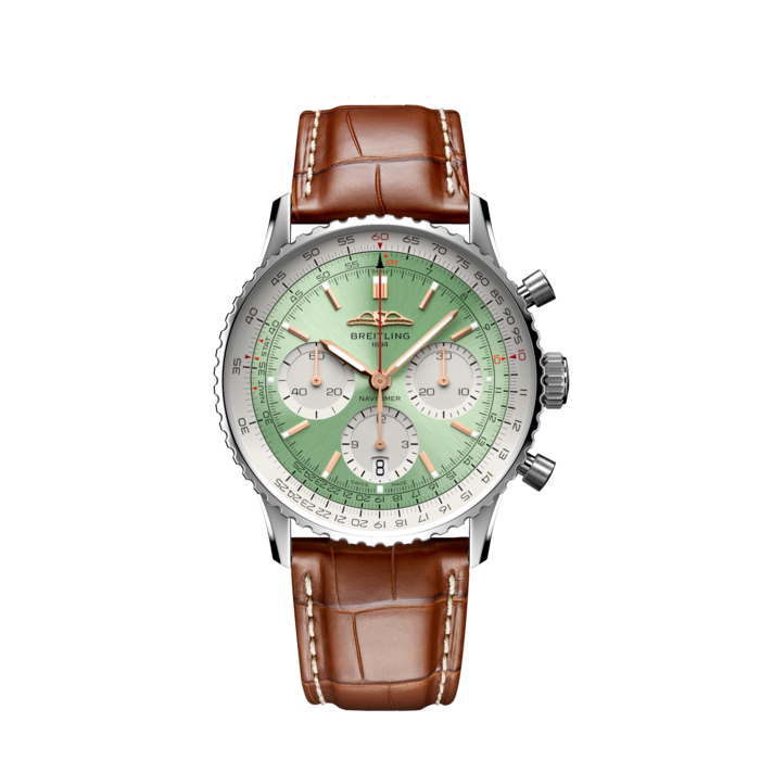 Navitimer B01 Chronograph 41, Acero inoxidable - Verde menta
El icónico cronógrafo para pilotos de Breitling: para la travesía.