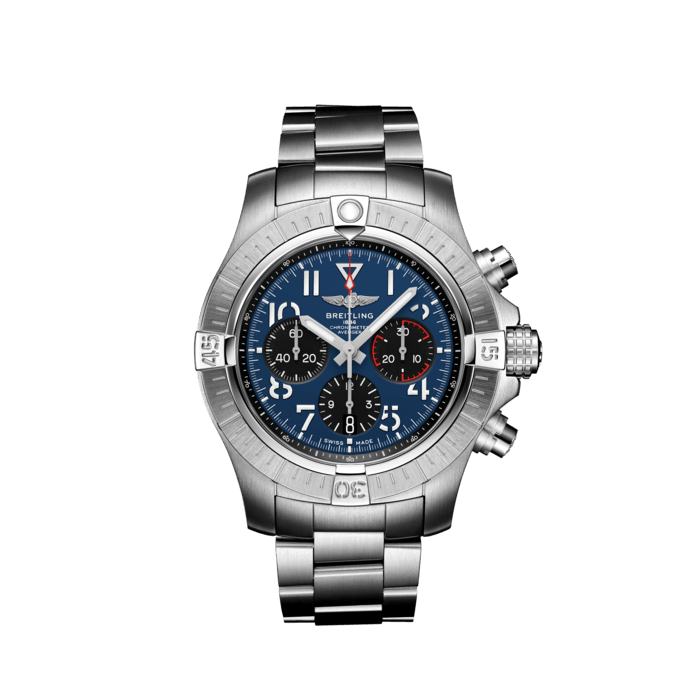 Avenger B01 Chronograph 45, Stainless steel - Blue
Bold, extremely robust and shock resistant, the Avenger B01 Chronograph 45 combines precision with a powerful design. As a true Breitling Avenger, it can be used wearing gloves and offers unrivalled safety and reliability to any airborne adventurer.