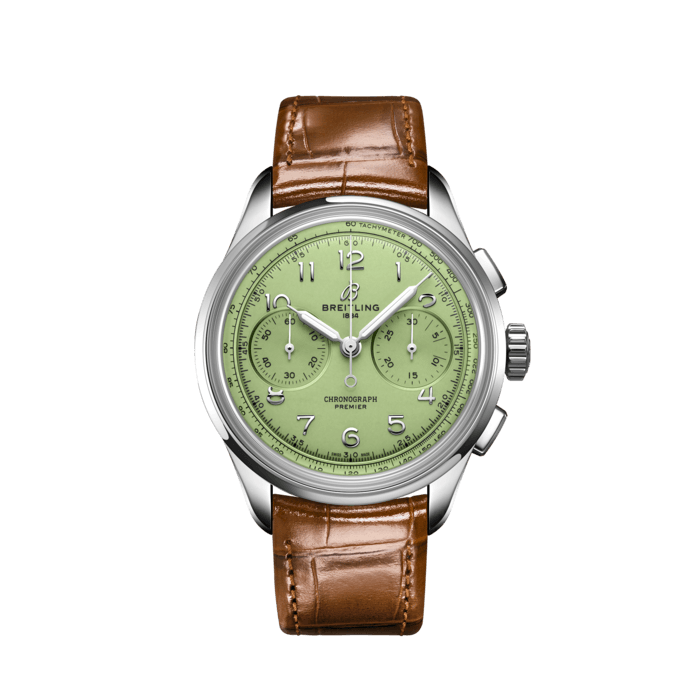 Premier B09 Chronograph 40, Stainless steel - Pistachio green
Paying homage to three generations of inventors – Léon, Gaston & Willy Breitling – the Premier Chronograph embodies Breitling’s legacy of inventing the modern Chronograph. As Willy Breitling said, the Premier is an “unmistakable stamp of impeccable taste”.