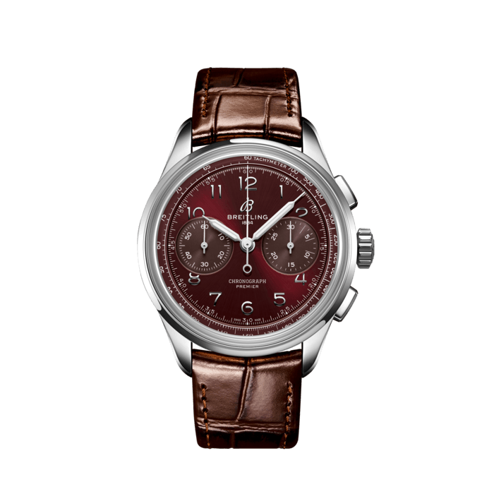 Premier B09 Chronograph 40, Stainless steel - Burgundy
Paying homage to three generations of inventors – Léon, Gaston & Willy Breitling – the Premier Chronograph embodies Breitling’s legacy of inventing the modern Chronograph. As Willy Breitling said, the Premier is an “unmistakable stamp of impeccable taste”. Here in a limited edition of 250 pieces.