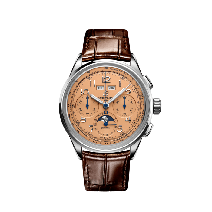 Premier B25 Datora 42, Acier inoxydable - Cuivre
Rendant hommage à trois générations d’inventeurs – Léon, Gaston et Willy Breitling – la Premier Datora est le chronographe de Breitling le plus raffiné avec son calendrier complet et ses phases de lune. Comme Willy Breitling avait coutume de le dire, la Premier est « la marque incontestable du bon goût ».