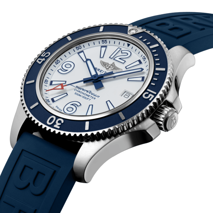 Sporty, fresh and colorful, the Superocean Automatic 42 combines performance with contemporary style to fit every wrist. It is up to any challenge: dive with it, surf with it or swim with it! The Superocean Automatic 42 features a sturdy 42mm stainless-steel case, colorful dials and a choice of a stainless-steel bracelet, or a color-matching rubber strap that fits either a stainless-steel pin buckle or folding clasp. Not only ready for the challenges of the deep seas (up to 50 bar / 500 meters), the fresh and sporty Superocean Automatic 42 will also attract those whose adventures are a little closer to the shore.