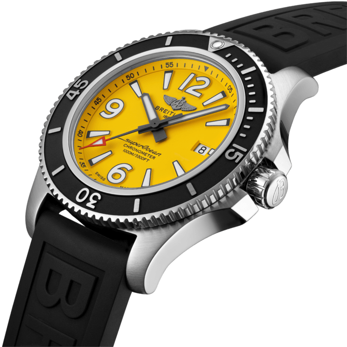 Sporty, fresh and colorful, the Superocean Automatic 44 is designed for men looking for a sports watch combining serious performance with contemporary style. It is up to any challenge: dive with it, surf with it or swim with it! The Superocean Automatic 44 features a sturdy 44mm stainless-steel case, colorful dials and a choice of a stainless-steel bracelet, or a color-matching rubber strap that fits either a stainless-steel pin buckle or folding clasp. Not only ready for the challenges of the deep seas (up to 100 bar / 1000 meters), the fresh and sporty Superocean Automatic 44 will also attract those whose adventures are a little closer to the shore.