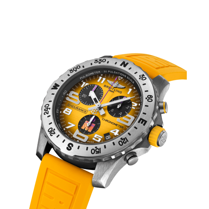 Breitling’s IRONMAN® World Championship 2021 edition lightweight Endurance Pro watch. 
Designed for men and women whose active lives blend a professional mindset with a sporty lifestyle, the Endurance Pro is equal to the challenges of a rigorous workout but fashionable enough for everyday wear.
The Endurance Pro IRONMAN® World Championship 2021 watch features a lightweight case in titanium – a durable and robust material 2.2 times lighter than stainless steel. 
It displays the distinctive IRONMAN® World Championship 2021 design and color theme and is fitted with a branded dial and rubber strap. 
The Endurance Pro is powered by the Breitling Caliber 82, a COSC-certified SuperQuartz™ chronograph delivering exceptional precision. The Endurance Pro IRONMAN® World Championship 2021 watch is limited to 200 pieces in 2021.