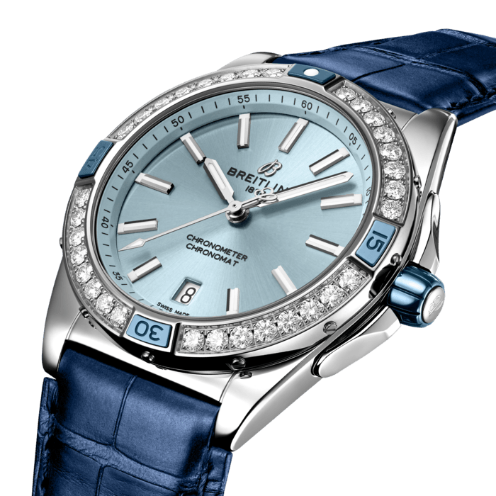 The Super Chronomat Automatic 38 is designed to make a statement, whether paired with a power suit or a t-shirt and jeans. You can tell a Super from the rest of the Chronomat family by the ceramic rider tabs and crown, and the rubber rouleaux bracelet only available with this supercharged line.
Aside from its enhanced presence, the Automatic 38 also has a radiant side. Oversized lab-grown diamonds make the rounds of its 18k red gold or stainless-steel bezel. Its dial colors add just the right amount of eye candy. Pair a favorite shade with a choice of bracelet or strap.