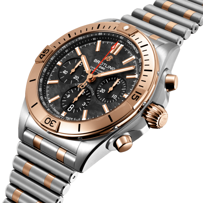 Breitling’s all-purpose watch for your every pursuit. The Chronomat holds a significant place in Breitling’s history. Introduced in 1984, at a time where extra-thin quartz timepieces were the order of the day, Breitling placed a bold bet on an impressively proportioned mechanical watch. Based on the Frecce Tricolori chronograph, which had been developed and launched in 1983 in collaboration with the famed Italian aerial squadron, the Chronomat celebrated Breitling’s centenary in style and marked the return of the mechanical chronograph to its rightfully prominent place at the brand which had built its global reputation on these incredible watches. Available in a variety of materials including stainless steel and 18k red gold, the Chronomat features a 42 mm case and the iconic bezel with the four rider tabs. Available with a range of colorful dials, the Chronomat is matched to the signature “Rouleaux” bracelet and is powered by the in-house Breitling Manufacture Caliber 01, a COSC-certified chronometer. This edition is only available in the US and limited to 200 pieces.