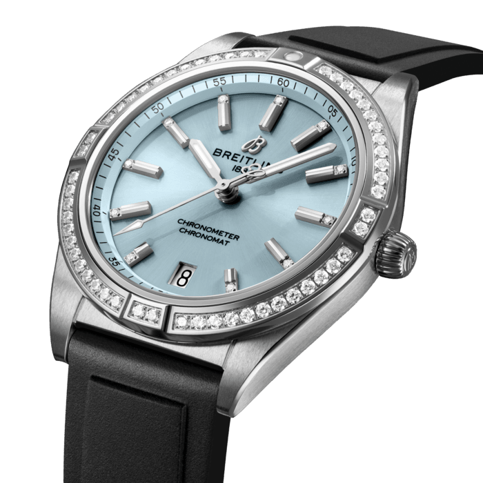 Stylish yet elegant, the modern-retro inspired Chronomat Automatic 36 is the versatile sporty and chic watch for any occasion.
It is available in an array of metal cases, from cool stainless steel, to goes-with-everything bicolor, or even luxurious 18k red gold. Women craving extra sparkle will also be able to opt for diamond-set bezels, indices, and colorful dials. This specific Chronomat Automatic 36 features a stainless steel case with an 18k grey gold gem-set bezel matched to an Ice Blue dial. This Chronomat is powered by the Breitling Caliber 10, a COSC-certified chronometer.