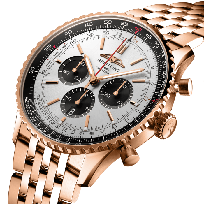 Breitling’s iconic pilot’s chronograph – for the journey.
In 1952, Willy Breitling developed a wrist-worn chronograph with a circular slide rule that would allow pilots to perform all necessary flight calculations. Two years later, the Aircraft Owners and Pilots Association (AOPA) announced the design as its official timepiece. The “navigation timer” – or Navitimer – was born.
The AOPA was (and remains) the largest pilots’ club in the world, counting nearly every US aviator among its ranks. As the defacto pilot’s watch throughout the glory days of civil aviation, the Navitimer was worn by airline captains and aircraft enthusiasts. It even made its way into space on the wrist of astronaut Scott Carpenter in 1962. And it wasn’t only pilots drawn to the watch’s irrepressible aesthetic. Celebrities of the day such as Miles Davis and Serge Gainsbourg were devotees, proving that the Navitimer had style as well as function.
There have been many iterations of Breitling’s icon since its debut 70 years ago, but this new Navitimer captures its most classic features, while enhancing them with modern refinements. A flattened slide rule and a domed crystal create the illusion of a sleeker profile. Alternating polished and brushed metal elements give a lustrous, yet understated finish. Most notably, new colors in shades of blue, green and copper, define the updated dial options. And if there is one update sure to spark nostalgia, it’s the return of the AOPA wings to their original position at 12 o’clock.
For 70 years, Breitling’s original pilot’s watch has been beloved by aviators and tastemakers in equal measure. Worn by astronauts in space and the biggest stars on earth, it is Breitling’s most iconic timepiece and one of the most recognizable watches of all time.