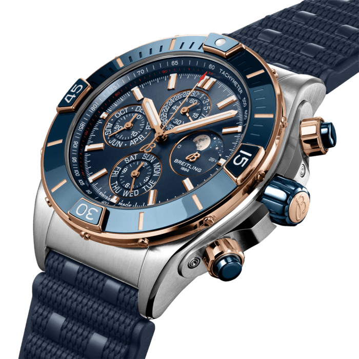 Breitling’s supercharged watch for your every pursuit, with a four-year calendar.
The Super Chronomat is inspired by the original 1980s Chronomat that Breitling created for the hotshots of aerobatic squadrons. The boldest of all Chronomat watches, the Super Chronomat features several ceramic inserts – on the bezel, on the chronograph pushers and on the crown – as well as a Rouleaux-inspired rubber strap. Still, this all-purpose sports watch won’t get in the way of your sense of style.
The Super Chronomat comes in several colour and metal variations, from stainless steel to 18 k red gold. It either features the iconic Rouleaux bracelet or a rubber Rouleaux-inspired strap, matched with a folding clasp. The Super Chronomat 44 Four-Year Calendar is powered by the Breitling Calibre 19, a COSC-certified chronometer with a semi-perpetual calendar mechanism that needs adjusting just once every leap year – or every 1,461 days.