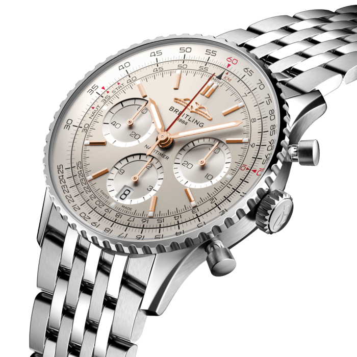 Breitling’s iconic pilot’s chronograph – for the journey.
In 1952, Willy Breitling developed a wrist-worn chronograph with a circular slide rule that would allow pilots to perform all necessary flight calculations. Two years later, the Aircraft Owners and Pilots Association (AOPA) announced the design as its official timepiece. The “navigation timer” – or Navitimer – was born.
The AOPA was (and remains) the largest pilots’ club in the world, counting nearly every US aviator among its ranks. As the defacto pilot’s watch throughout the glory days of civil aviation, the Navitimer was worn by airline captains and aircraft enthusiasts. It even made its way into space on the wrist of astronaut Scott Carpenter in 1962. And it wasn’t only pilots drawn to the watch’s irrepressible aesthetic. Celebrities of the day such as Miles Davis and Serge Gainsbourg were devotees, proving that the Navitimer had style as well as function.
There have been many iterations of Breitling’s icon since its debut 70 years ago, but this new Navitimer captures its most classic features, while enhancing them with modern refinements. A flattened slide rule and a domed crystal create the illusion of a sleeker profile. Alternating polished and brushed metal elements give a lustrous, yet understated finish. Most notably, new colors in shades of blue, green and copper, define the updated dial options. And if there is one update sure to spark nostalgia, it’s the return of the AOPA wings to their original position at 12 o’clock.
For 70 years, Breitling’s original pilot’s watch has been beloved by aviators and tastemakers in equal measure. Worn by astronauts in space and the biggest stars on earth, it is Breitling’s most iconic timepiece and one of the most recognizable watches of all time.