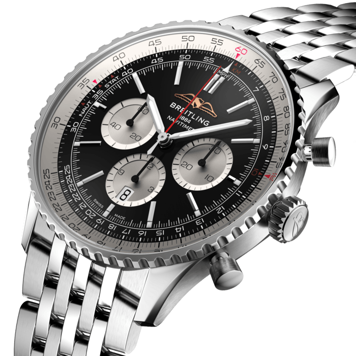 Breitling’s iconic pilot’s chronograph – for the journey.
In 1952, Willy Breitling developed a wrist-worn chronograph with a circular slide rule that would allow pilots to perform all necessary flight calculations. Two years later, the Aircraft Owners and Pilots Association (AOPA) announced the design as its official timepiece. The “navigation timer” – or Navitimer – was born.
The AOPA was (and remains) the largest pilots’ club in the world, counting nearly every US aviator among its ranks. As the defacto pilot’s watch throughout the glory days of civil aviation, the Navitimer was worn by airline captains and aircraft enthusiasts. It even made its way into space on the wrist of astronaut Scott Carpenter in 1962. And it wasn’t only pilots drawn to the watch’s irrepressible aesthetic. Celebrities of the day such as Miles Davis and Serge Gainsbourg were devotees, proving that the Navitimer had style as well as function.
There have been many iterations of Breitling’s icon since its debut 70 years ago, but this new Navitimer captures its most classic features, while enhancing them with modern refinements. A flattened slide rule and a domed crystal create the illusion of a sleeker profile. Alternating polished and brushed metal elements give a lustrous, yet understated finish. Most notably, new colors in shades of blue, green and copper, define the updated dial options. And if there is one update sure to spark nostalgia, it’s the return of the AOPA wings to their original position at 12 o’clock.
For 70 years, Breitling’s original pilot’s watch has been beloved by aviators and tastemakers in equal measure. Worn by astronauts in space and the biggest stars on earth, it is Breitling’s most iconic timepiece and one of the most recognizable watches of all time.