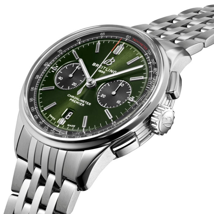 Designed by Willy Breitling in the 1940s, the Premier was the brand’s first-ever watch dedicated purely to style. Featuring elegant details and modern-retro touches, this reinterpretation of the Premier upholds its ancestor’s reputation as “a watch of impeccable taste.” On top of its rectangular chronograph pushers and bi-compax chronograph panda look, the Premier displays a variety of elegant design details such as grooves on the case-side and open sapphire caseback. The Premier B01 Chronograph 42 is available in an array of dial colors and with case materials that include stainless steel and 18k red gold. Offered either with a matching bracelet, or a choice of alligator or nubuck calfskin leather strap, this Premier is powered by the in-house Breitling Manufacture Caliber 01, a COSC-certified chronometer.