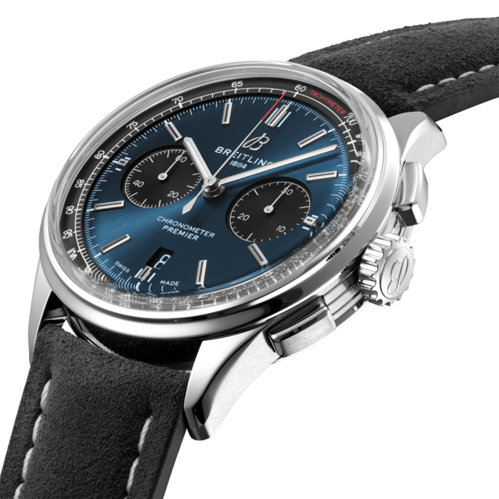Designed by Willy Breitling in the 1940s, the Premier was the brand’s first-ever watch dedicated purely to style. Featuring elegant details and modern-retro touches, this reinterpretation of the Premier upholds its ancestor’s reputation as “a watch of impeccable taste.” On top of its rectangular chronograph pushers and bi-compax chronograph panda look, the Premier displays a variety of elegant design details such as grooves on the case-side and open sapphire caseback. The Premier B01 Chronograph 42 is available in an array of dial colors and with case materials that include stainless steel and 18k red gold. Offered either with a matching bracelet, or a choice of alligator or nubuck calfskin leather strap, this Premier is powered by the in-house Breitling Manufacture Caliber 01, a COSC-certified chronometer.