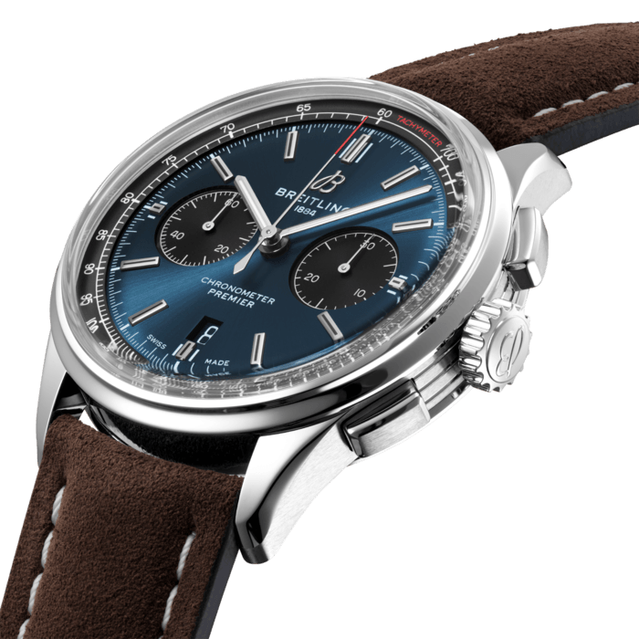 Designed by Willy Breitling in the 1940s, the Premier was the brand’s first-ever watch dedicated purely to style. Featuring elegant details and modern-retro touches, this reinterpretation of the Premier upholds its ancestor’s reputation as “a watch of impeccable taste.” On top of its rectangular chronograph pushers and bi-compax chronograph panda look, the Premier displays a variety of elegant design details such as grooves on the case-side and open sapphire caseback. The Premier B01 Chronograph 42 is available in an array of dial colors and with case materials that include stainless steel and 18k red gold. Offered either with a matching bracelet, or a choice of alligator or nubuck calfskin leather strap, this Premier is powered by the in-house Breitling Manufacture Caliber 01, a COSC-certified chronometer.