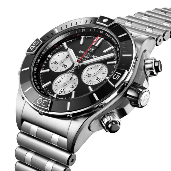 Breitling’s supercharged watch for your every pursuit.
The Super Chronomat is inspired by the original 1980s Chronomat that Breitling created for the hotshots of aerobatic squadrons. The boldest of all Chronomat watches, the Super Chronomat features several ceramic inserts – on the bezel, on the chronograph pushers and on the crown – as well as a Rouleaux-inspired rubber strap. Still, this all-purpose sports watch won’t get in the way of your sense of style.
The Super Chronomat comes in several colour and metal variations, from stainless steel to 18 k red gold. It either features the iconic Rouleaux bracelet or a rubber Rouleaux-inspired strap, matched with a folding clasp. The Super Chronomat B01 44 is powered by the Breitling Manufacture Calibre 01, a COSC-certified chronometer.