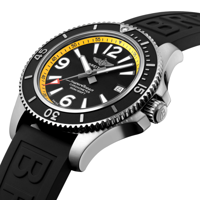 Sporty, fresh and colorful, this special Superocean Automatic 42 features a black dial with a striking colorful minute scale. Combining performance with contemporary style to fit every wrist, it is up to any challenge: dive with it, surf with it or swim with it!
This online exlusive features a sturdy 42mm stainless-steel case and black dial with a colorful minute scale. Matched to a black rubber strap that fits a stainless-steel pin buckle, this fresh and sporty Superocean Automatic 42 is not only ready for the challenges of the deep seas (up to 50 bar / 500 meters), but will also attract those whose adventures are a little closer to the shore.