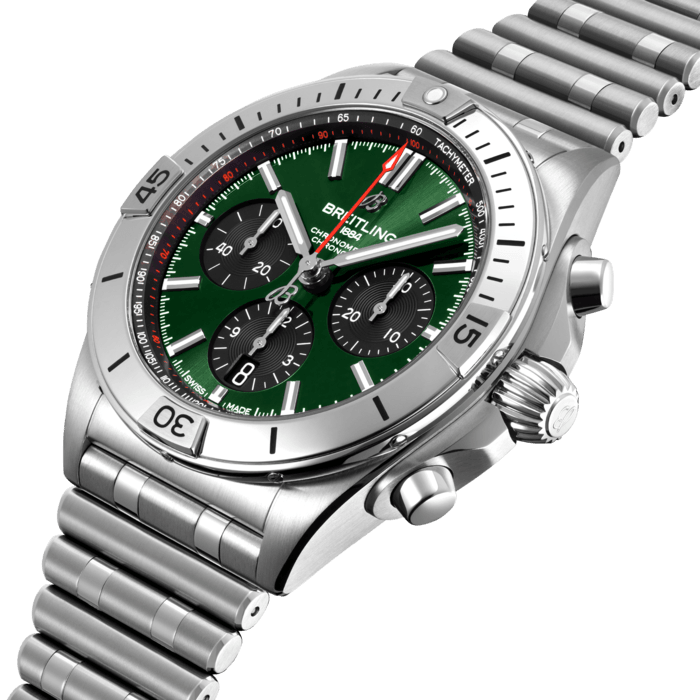 Breitling’s all-purpose watch for your every pursuit.
The Chronomat holds a significant place in Breitling’s history. Introduced in 1984, at a time where extra-thin quartz timepieces were the order of the day, Breitling placed a bold bet on an impressively proportioned mechanical watch.
Based on the Frecce Tricolori chronograph, which had been developed and launched in 1983 in collaboration with the famed Italian aerial squadron, the Chronomat celebrated Breitling’s centenary in style and marked the return of the mechanical chronograph to its rightfully prominent place at the brand which had built its global reputation on these incredible watches.
Featuring a 42 mm case and the iconic bezel with the four rider tabs, the Chronomat Bentley celebrates the long-lasting partnership with Bentley with a distinctive green dial. Paired with the signature “Rouleaux” bracelet, the Chronomat Bentley is powered by the in-house Breitling Manufacture Caliber 01, a COSC-certified chronometer.