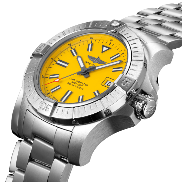 Bold, extremely robust and shock resistant, the Avenger Automatic 45 Seawolf is a pilots’ watch prepared for adventures well below the ocean’s surface (up to 300 bars - 3.000m). As a true Breitling Avenger, it can be used wearing gloves and offers unrivalled safety and reliability to any airborne adventurer. The Avenger Automatic 45  Seawolf features a sturdy 45mm stainless-steel case, striking yellow dial and a choice of a stainless-steel bracelet, or black military leather strap that fits either a stainless-steel pin buckle or folding clasp. With an impressive water resistance, the Seawolf is at ease up in the air and deep down the oceans. Thanks to its rugged bezel and its special grip-pattern on the crown, the Avenger Automatic 45 Seawolf can be easily operated wearing gloves.