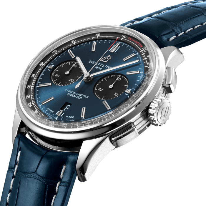 Designed by Willy Breitling in the 1940s, the Premier was the brand’s first-ever watch dedicated purely to style. Featuring elegant details and modern-retro touches, this reinterpretation of the Premier upholds its ancestor’s reputation as “a watch of impeccable taste.” On top of its rectangular chronograph pushers and bi-compax chronograph panda look, the Premier displays a variety of elegant design details such as grooves on the case-side and open sapphire caseback. The Premier B01 Chronograph 42 is available in an array of dial colors and with case materials that include stainless steel and 18k red gold. Offered either with a matching bracelet, or a choice of alligator or nubuck calfskin leather strap, this Premier is powered by the in-house Breitling Manufacture Caliber 01, a COSC-certified chronometer.
